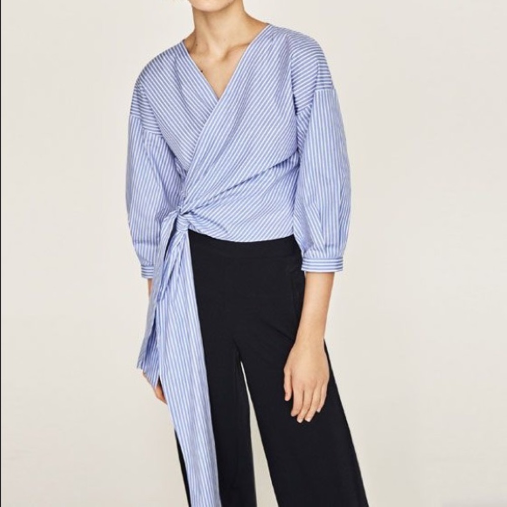 Zara Basic Striped Crossover Shirt Blue White